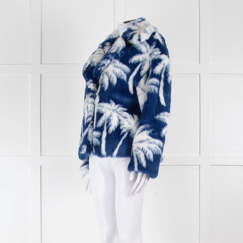 MSGM Blue White Palm Tree Faux Fur Short Jacket