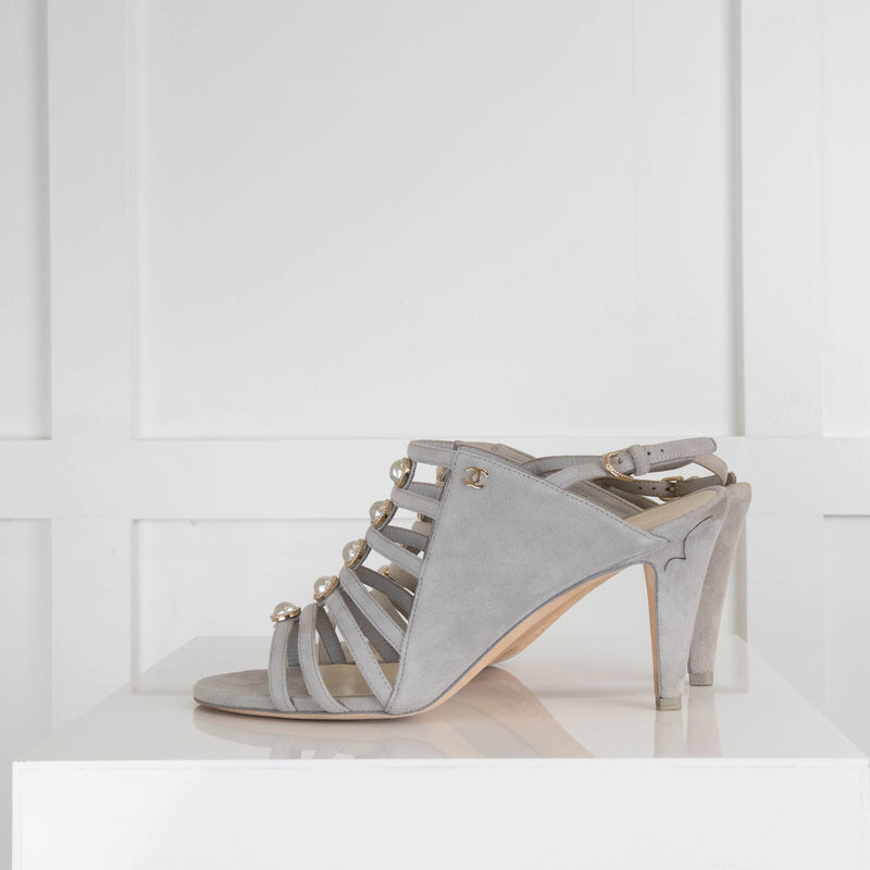 Chanel Grey Pearl Detail Open Toe Heel Sandals