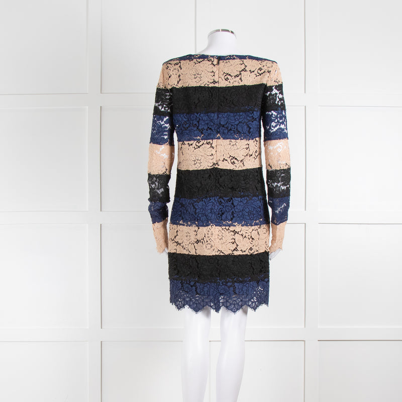 MSGM Black Beige Navy Lace Long Sleeve Dress