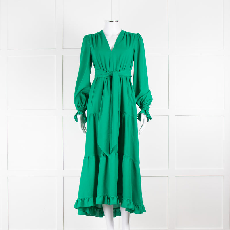 ME + EM Green Tiered V-Neck Belted Maxi Dress