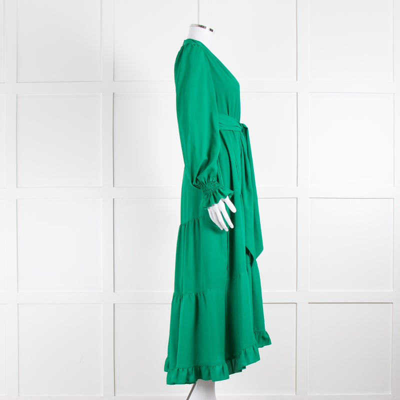 ME + EM Green Tiered V-Neck Belted Maxi Dress