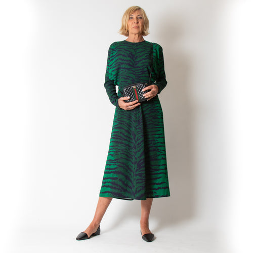 Victoria Beckham Dolman Green Tiger Printed Long Sleeve Midi Dress