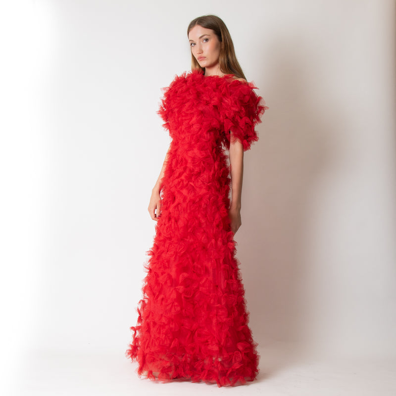 Rodarte Red Tulle Hand-Embroidered Bows Off Shoulder Gown