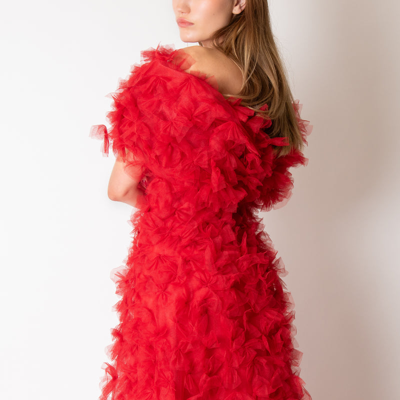 Rodarte Red Tulle Hand-Embroidered Bows Off Shoulder Gown