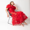 Rodarte Red Tulle Hand-Embroidered Bows Off Shoulder Gown