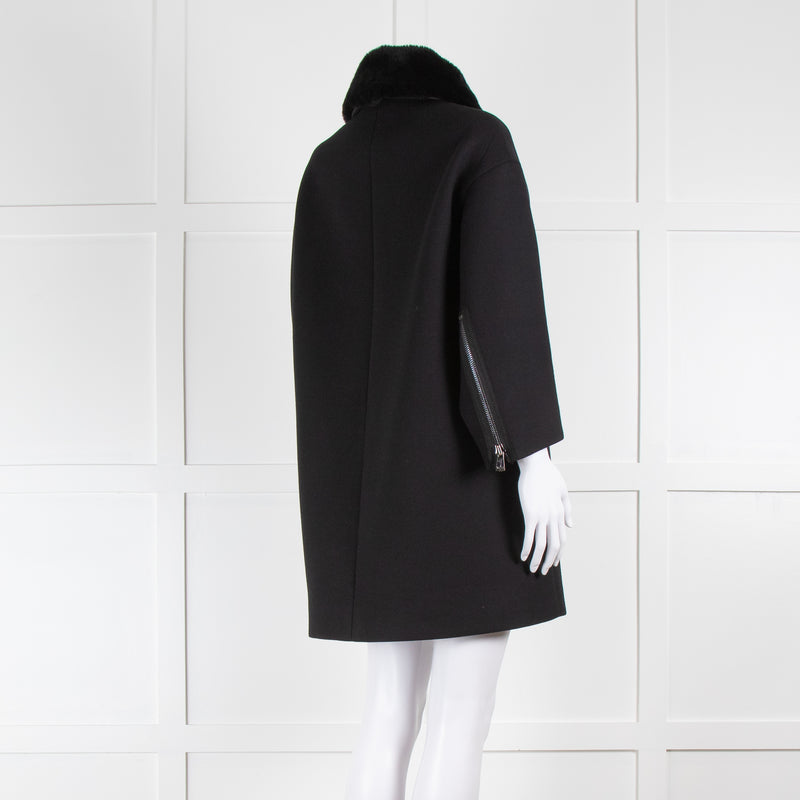 Vince Black Shift Coat with Detachable Rabbit Fur Collar