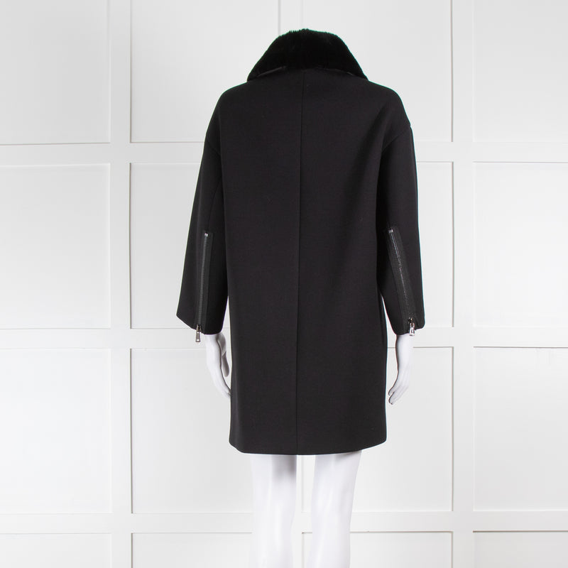 Vince Black Shift Coat with Detachable Rabbit Fur Collar