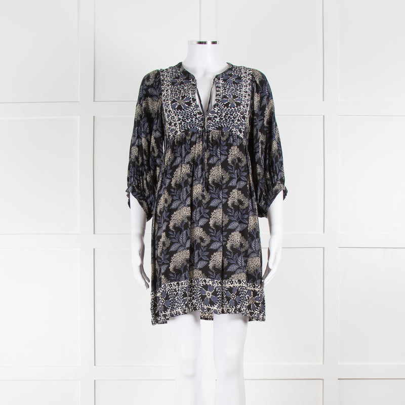 BA&SH Black Blue White Floral Smock Short Dress