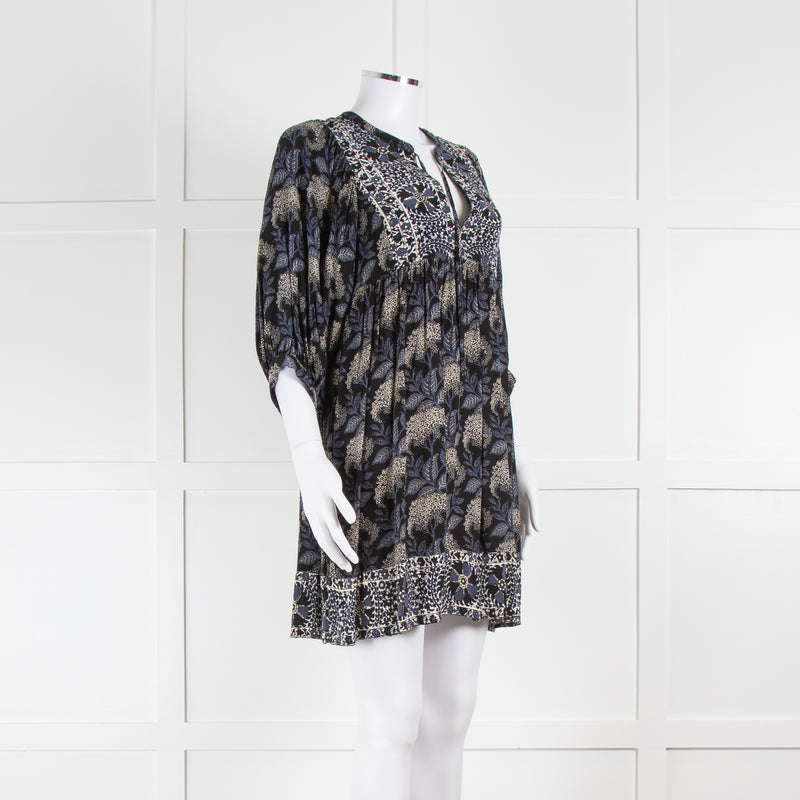 BA&SH Black Blue White Floral Smock Short Dress