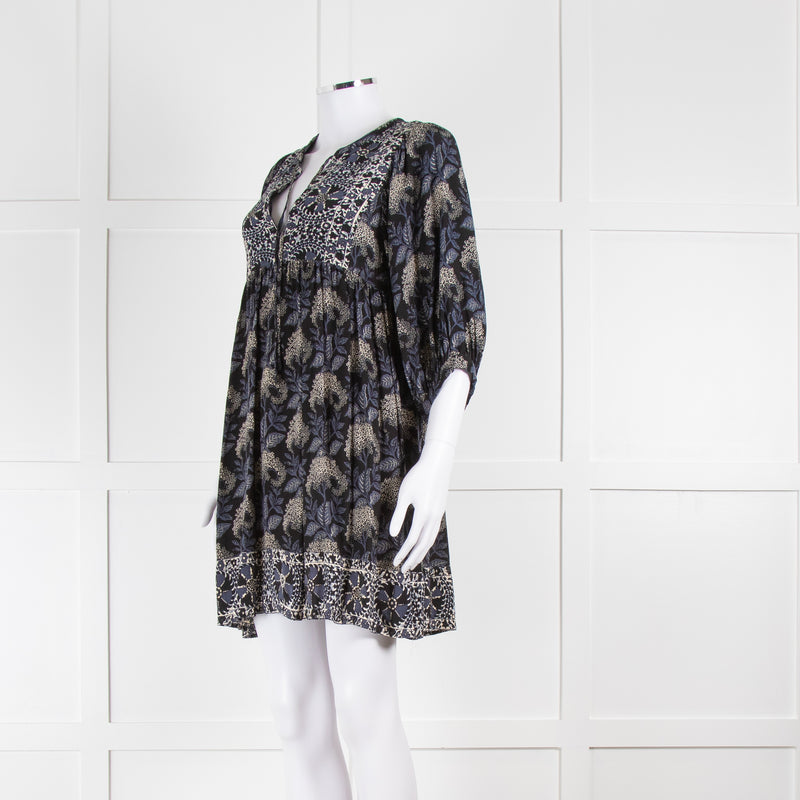 BA&SH Black Blue White Floral Smock Short Dress