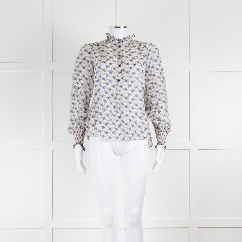 ME + EM White Blue Floral Frill Trim Silk Blend Blouse