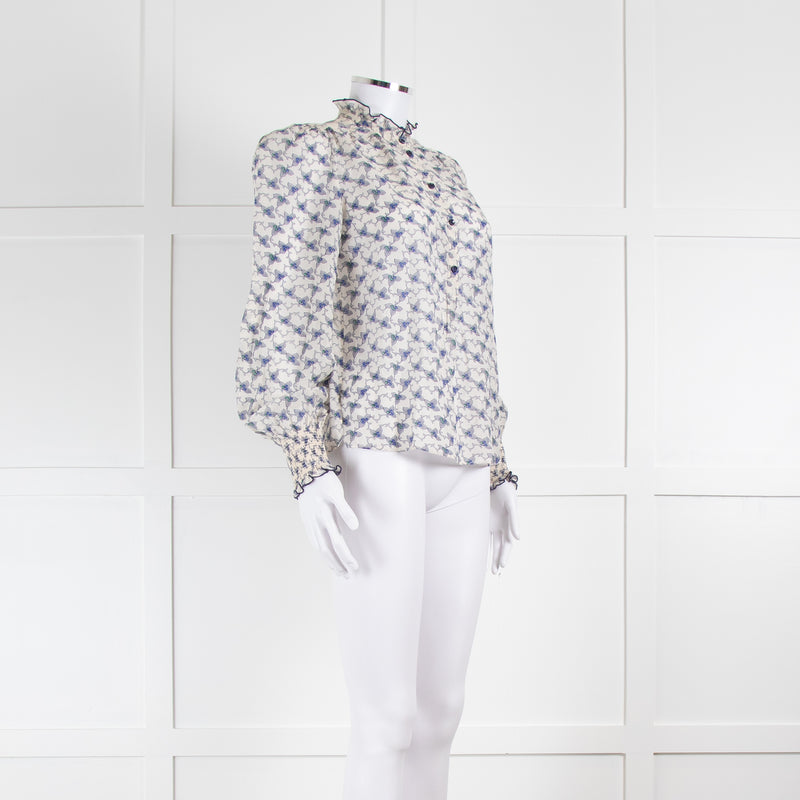 ME + EM White Blue Floral Frill Trim Silk Blend Blouse