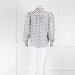 ME + EM White Blue Floral Frill Trim Silk Blend Blouse