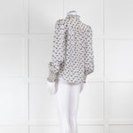 ME + EM White Blue Floral Frill Trim Silk Blend Blouse