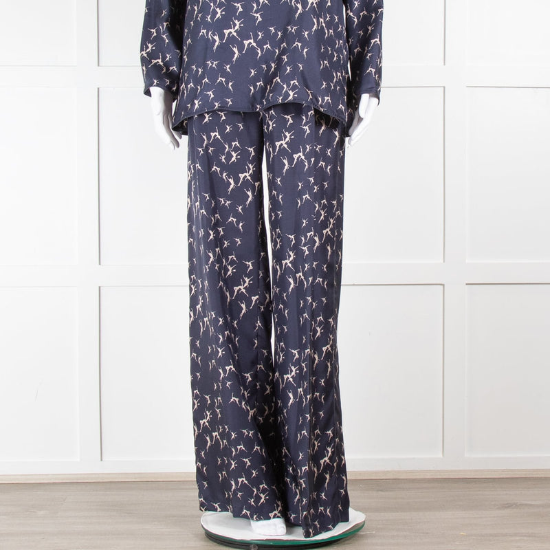 Max Mara Navy White Dance Print Silk Wide Trousers