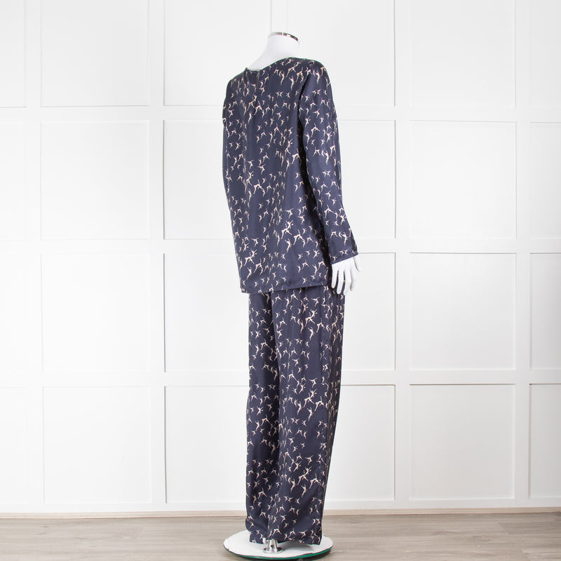 Max Mara Navy White Dance Print Silk Wide Trousers