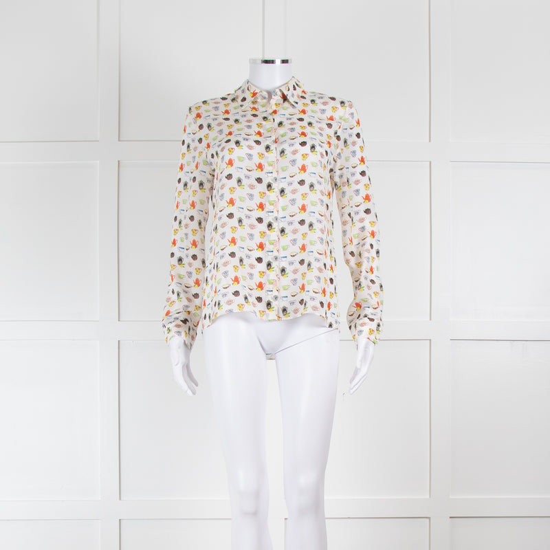 Alice + Olivia Cream Multi Colour Teapot Print Silk Shirt