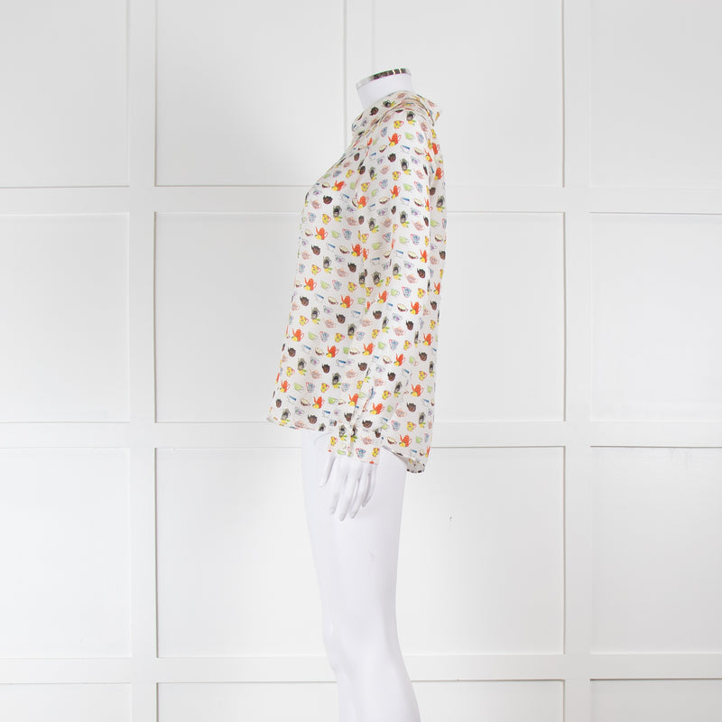 Alice + Olivia Cream Multi Colour Teapot Print Silk Shirt