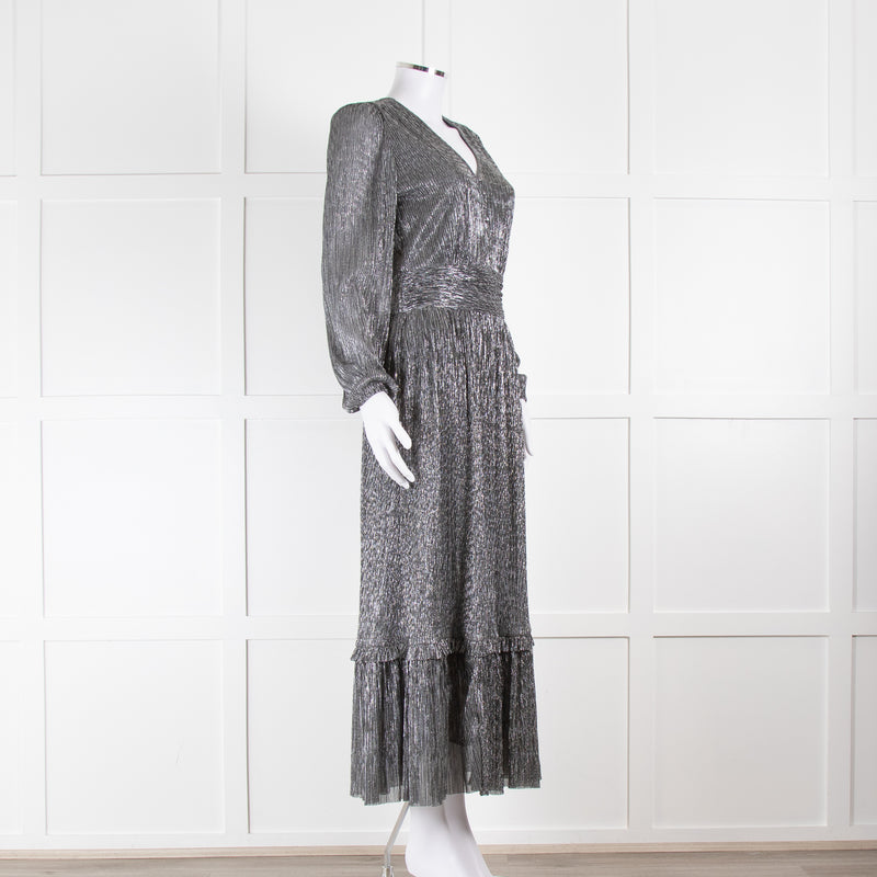 Iris Silver Lurex Long Sleeve V-Neck Maxi Dress