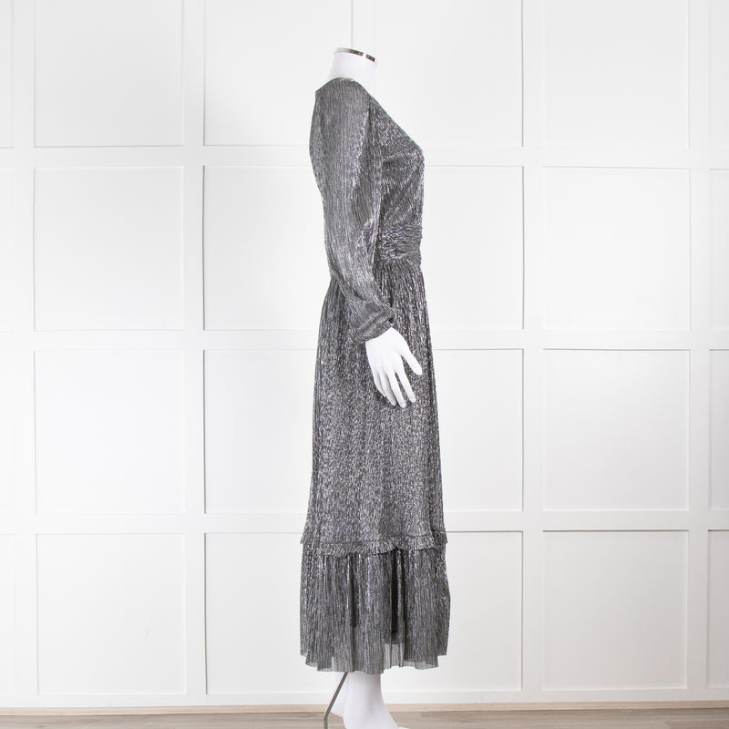 Iris Silver Lurex Long Sleeve V-Neck Maxi Dress