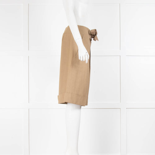 Chloe Beige Cotton Long Shorts With Turn Ups & Belt