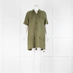 Equipment Green Linen Short Sleeve Shift Dress With Front Pockets