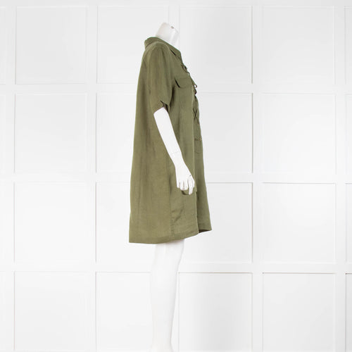 Equipment Green Linen Short Sleeve Shift Dress With Front Pockets