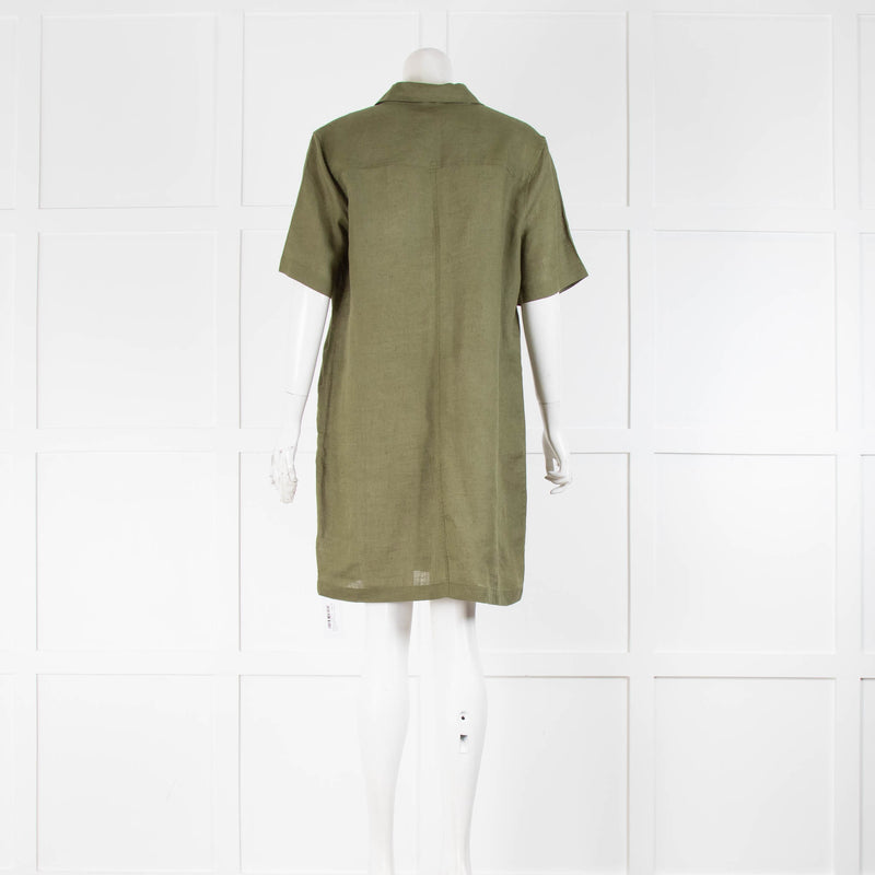 Equipment Green Linen Short Sleeve Shift Dress With Front Pockets