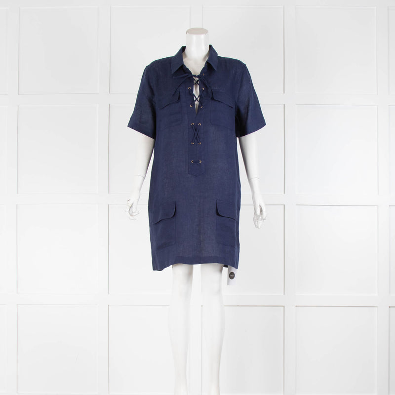 Equipment Navy Linen Shift Dress With Front Pockets