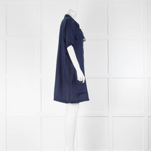 Equipment Navy Linen Shift Dress With Front Pockets
