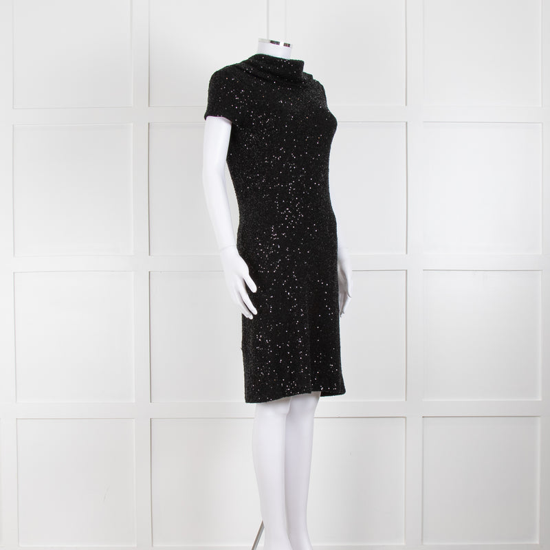 Oscar De La Renta Black Stretch Drop Back Cowl Neck Sequin Dress