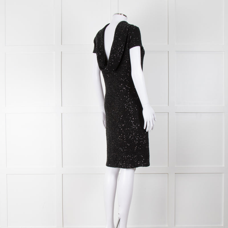 Oscar De La Renta Black Stretch Drop Back Cowl Neck Sequin Dress