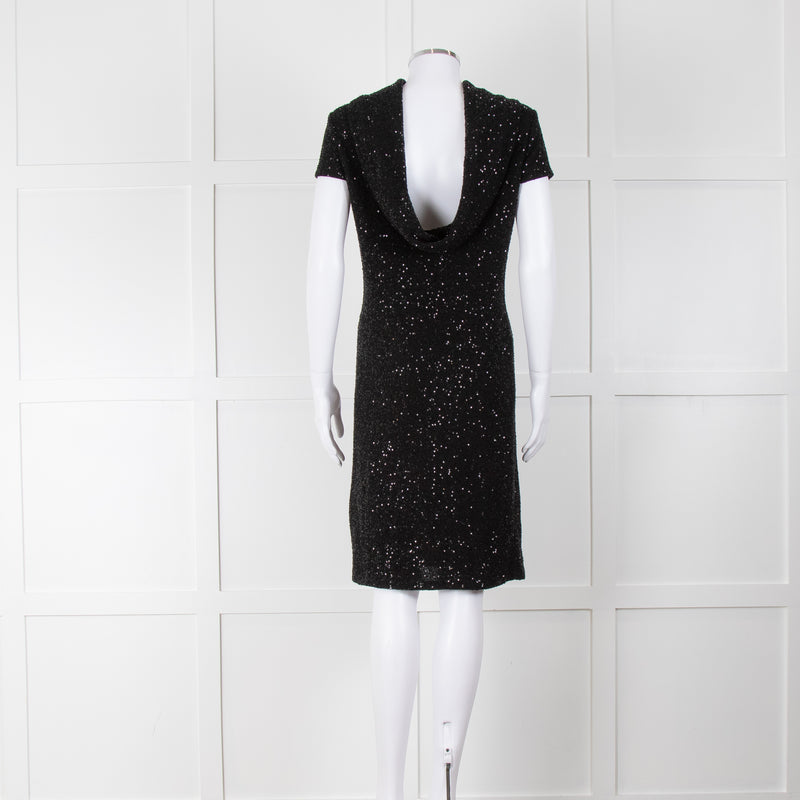 Oscar De La Renta Black Stretch Drop Back Cowl Neck Sequin Dress