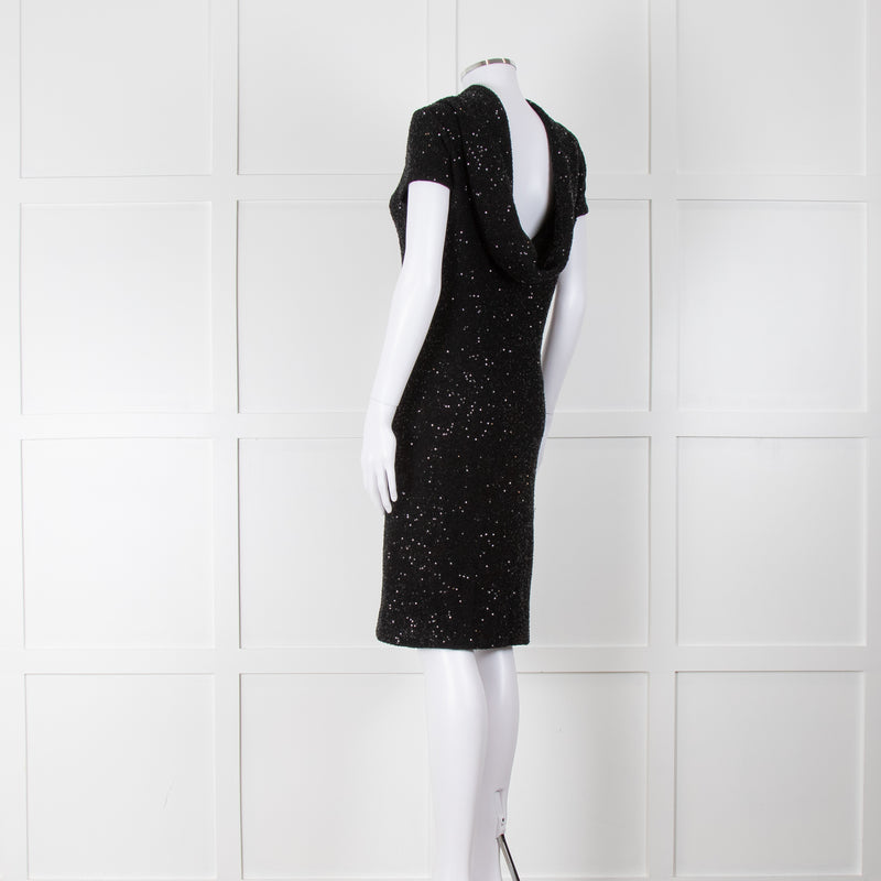 Oscar De La Renta Black Stretch Drop Back Cowl Neck Sequin Dress