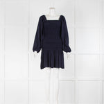 Ganni Navy Ruched Off Shoulder Mini Dress