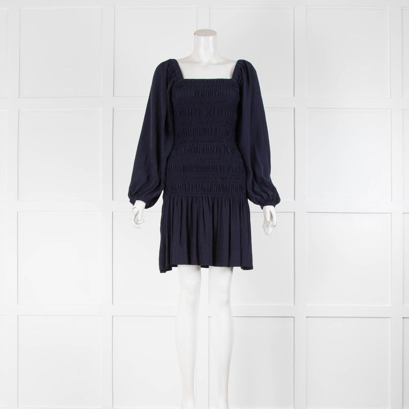 Ganni Navy Ruched Off Shoulder Mini Dress