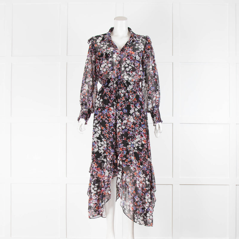 Misa Los Angeles Black Grey Blue Orange Floral Shirt Dress