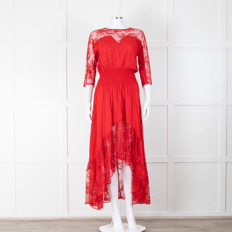 Maje Red Lace Detail Ruched Waist Midi Dress