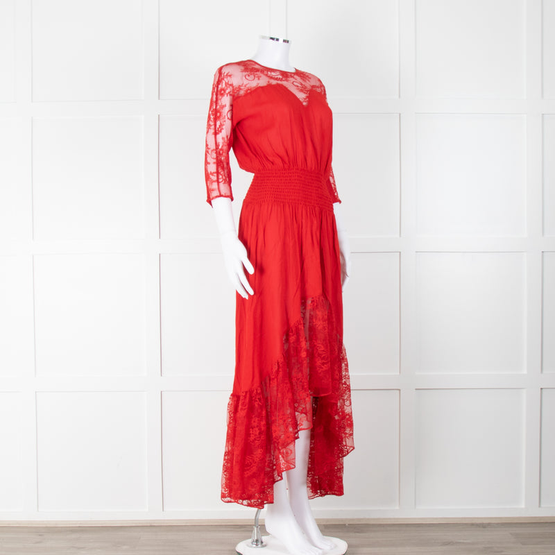 Maje Red Lace Detail Ruched Waist Midi Dress