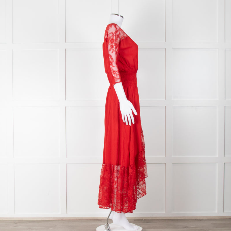 Maje Red Lace Detail Ruched Waist Midi Dress