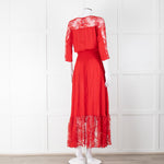 Maje Red Lace Detail Ruched Waist Midi Dress