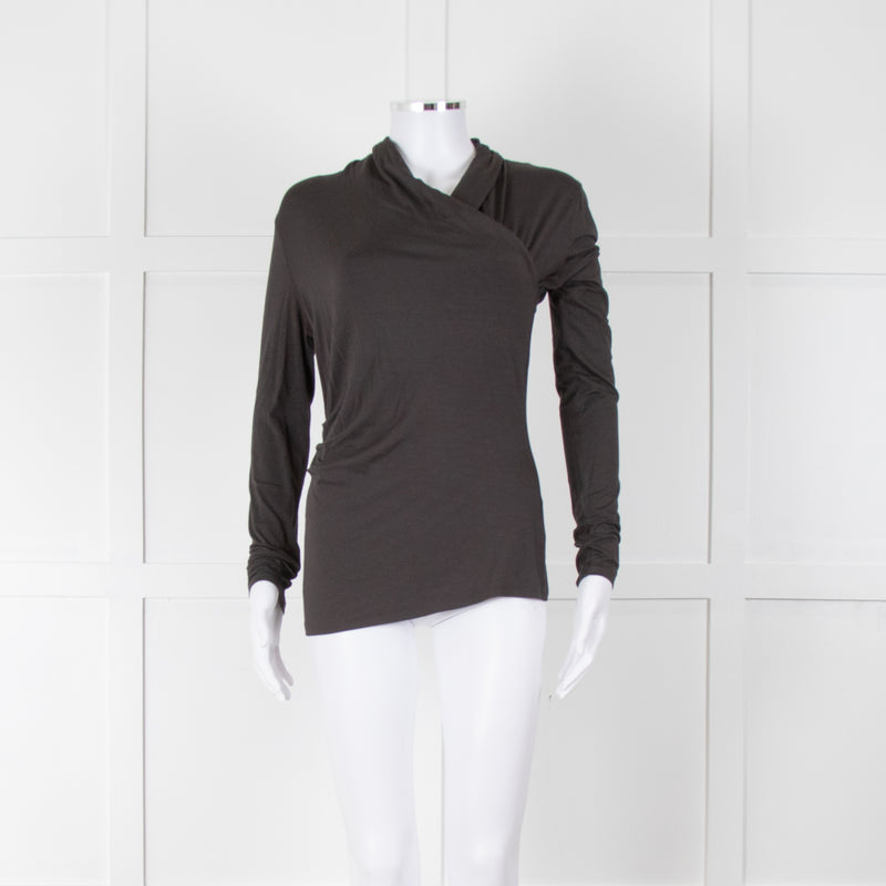 Max Mara Chocolate Brown Cotton Jersey Wrap V Neck Top