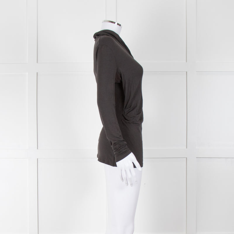 Max Mara Chocolate Brown Cotton Jersey Wrap V Neck Top