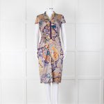 Etro Grey Purple Orange Teal Silk Paisley Print Cap Sleeve Dress