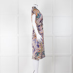 Etro Grey Purple Orange Teal Silk Paisley Print Cap Sleeve Dress