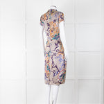 Etro Grey Purple Orange Teal Silk Paisley Print Cap Sleeve Dress