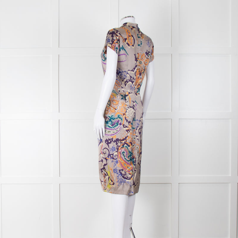 Etro Grey Purple Orange Teal Silk Paisley Print Cap Sleeve Dress