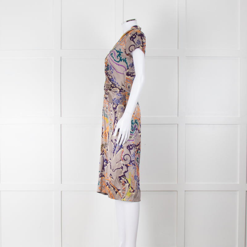 Etro Grey Purple Orange Teal Silk Paisley Print Cap Sleeve Dress