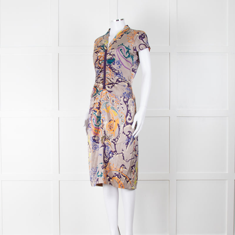 Etro Grey Purple Orange Teal Silk Paisley Print Cap Sleeve Dress