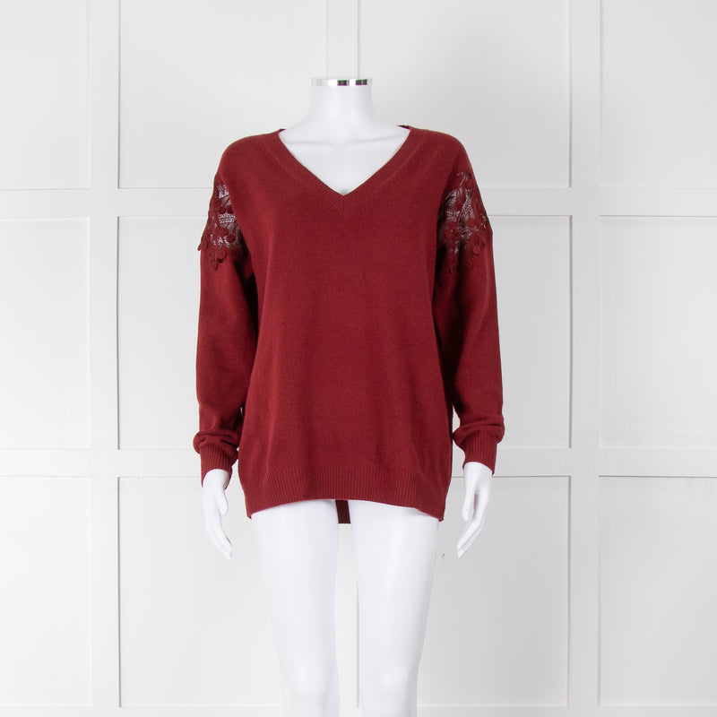 Chloe Brick Red Cashmere Wool Blend Appliqué Shoulder V Neck Jumper